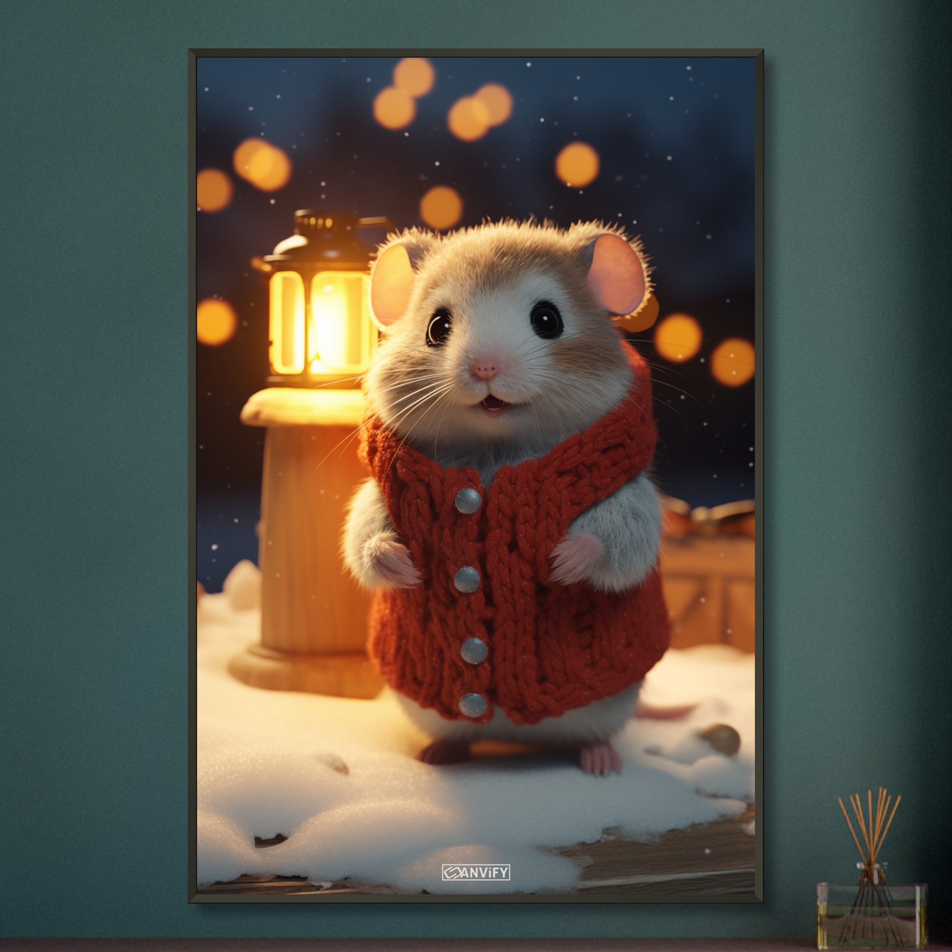 Hamster mit Weste und einer Laterne in einer Winternacht im Schnee auf einem Poster im Metallrahmen
