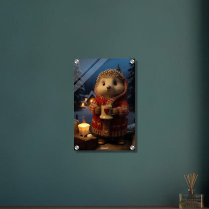 Igel mit Weste, einer Tasse Kakao und einer Kerze in einer Winternacht im Schnee auf einem Acrylbild