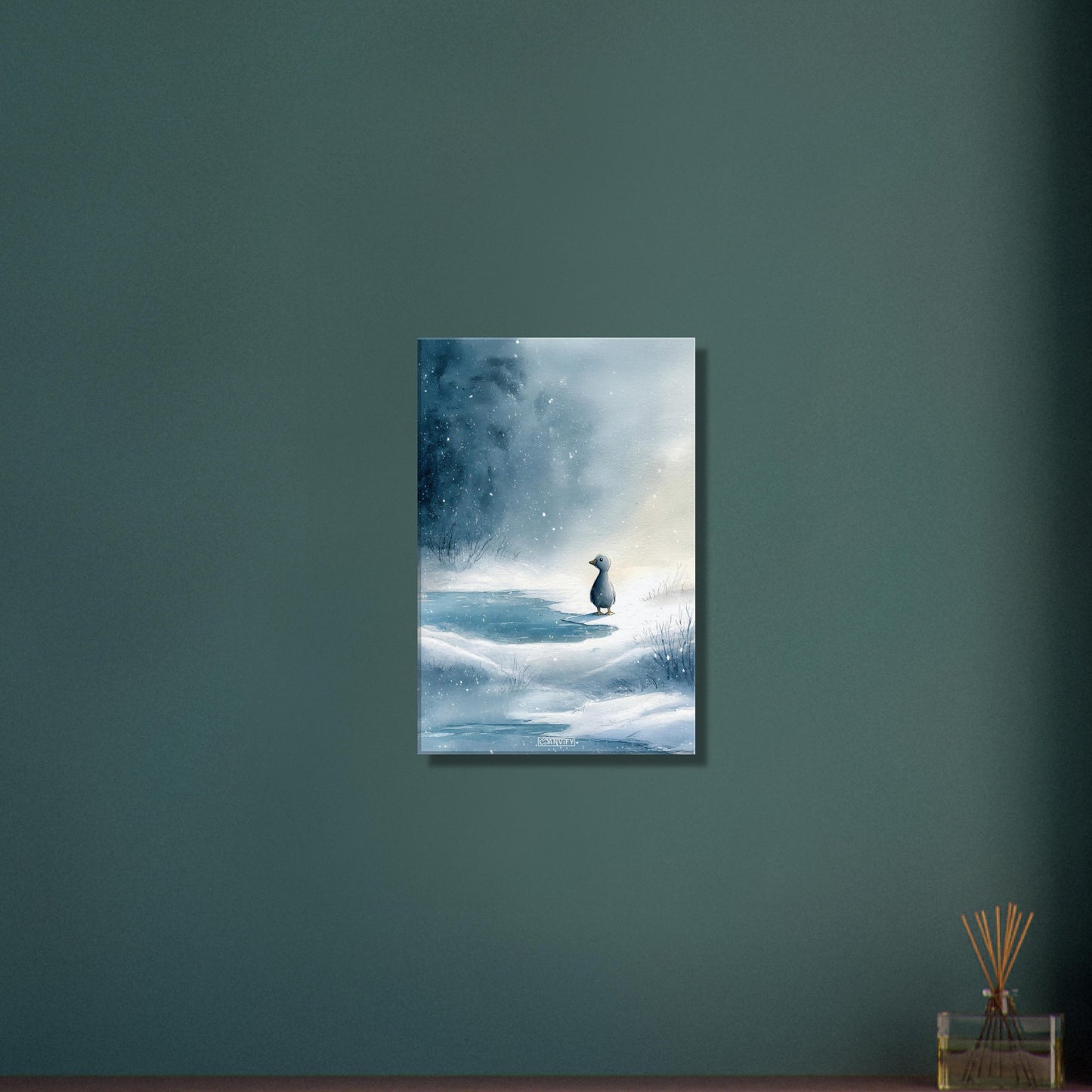 Kleine süße Ente am See auf einer Leinwand