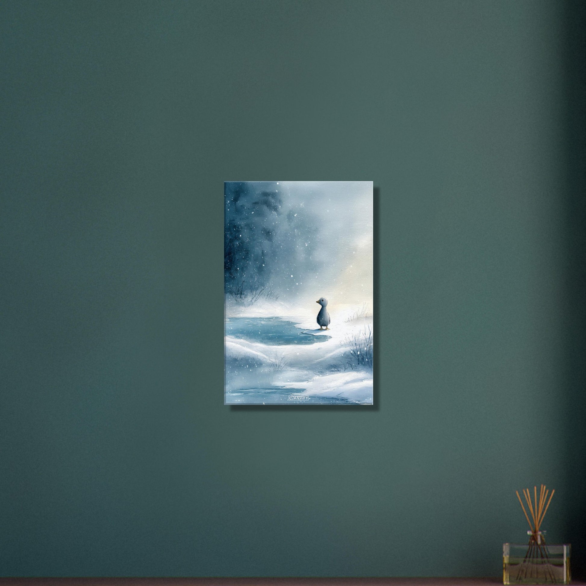 Kleine süße Ente am See auf einer Leinwand