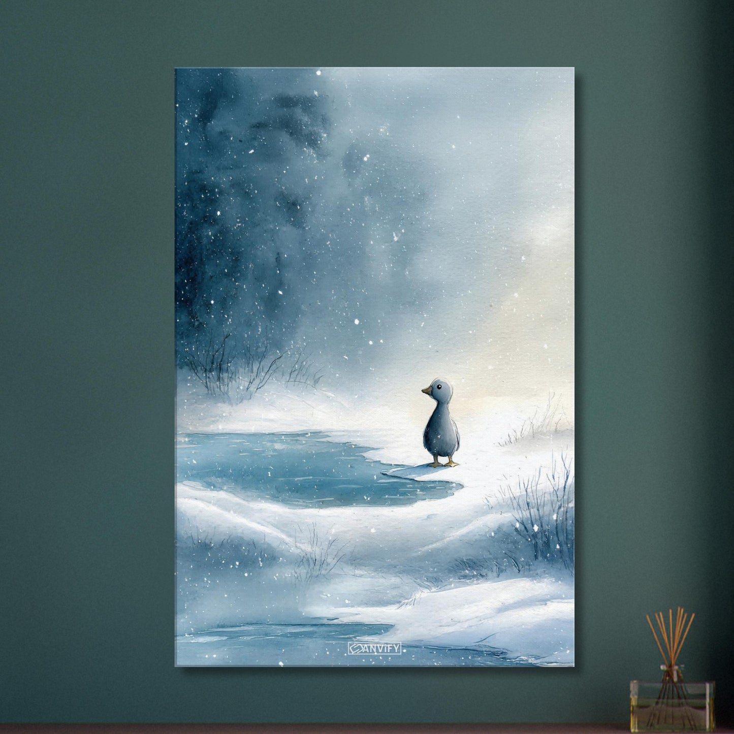 Kleine süße Ente am See auf einer Leinwand