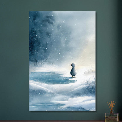 Kleine süße Ente am See auf einer Leinwand