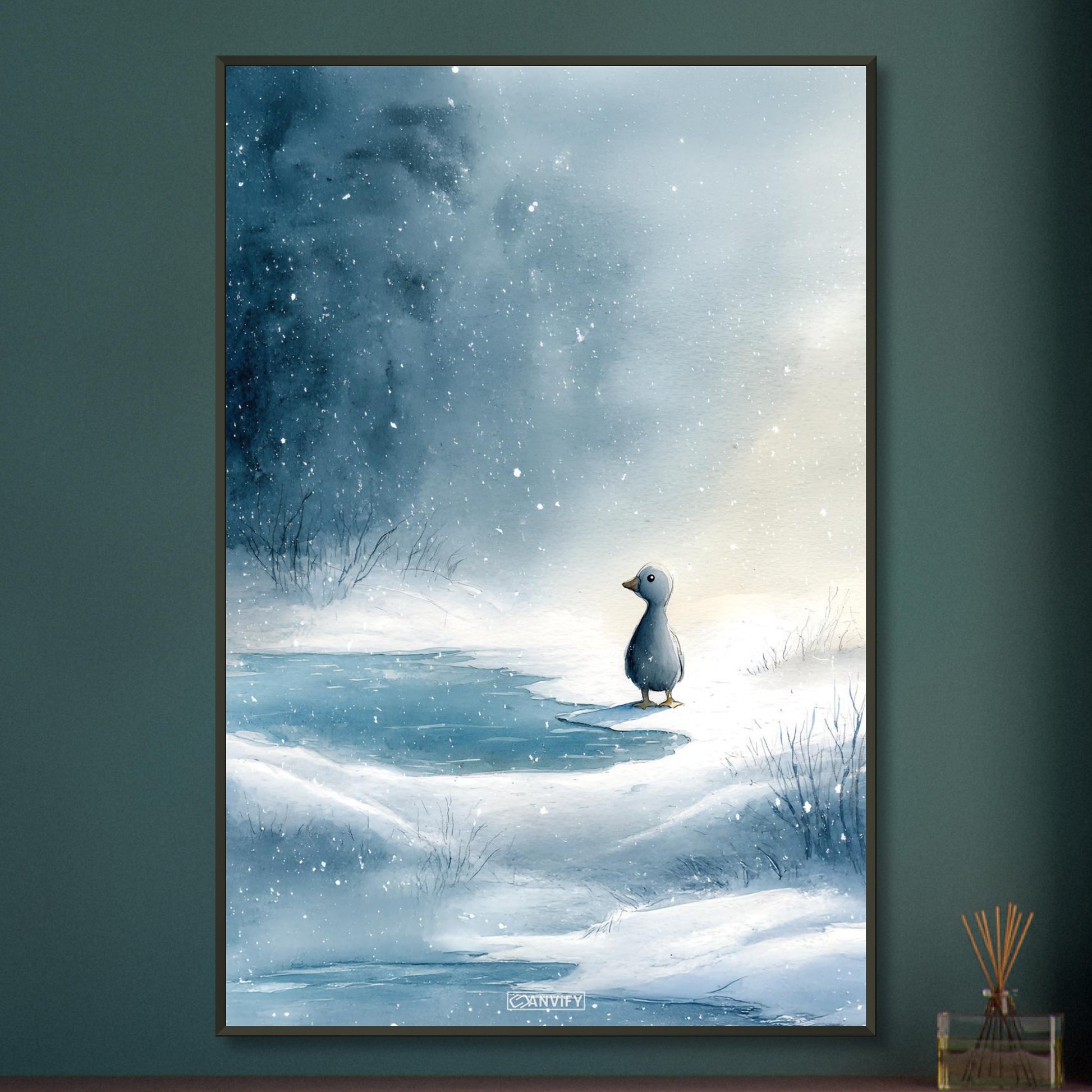 Kleine süße Ente am See auf einem Poster im Metallrahmen