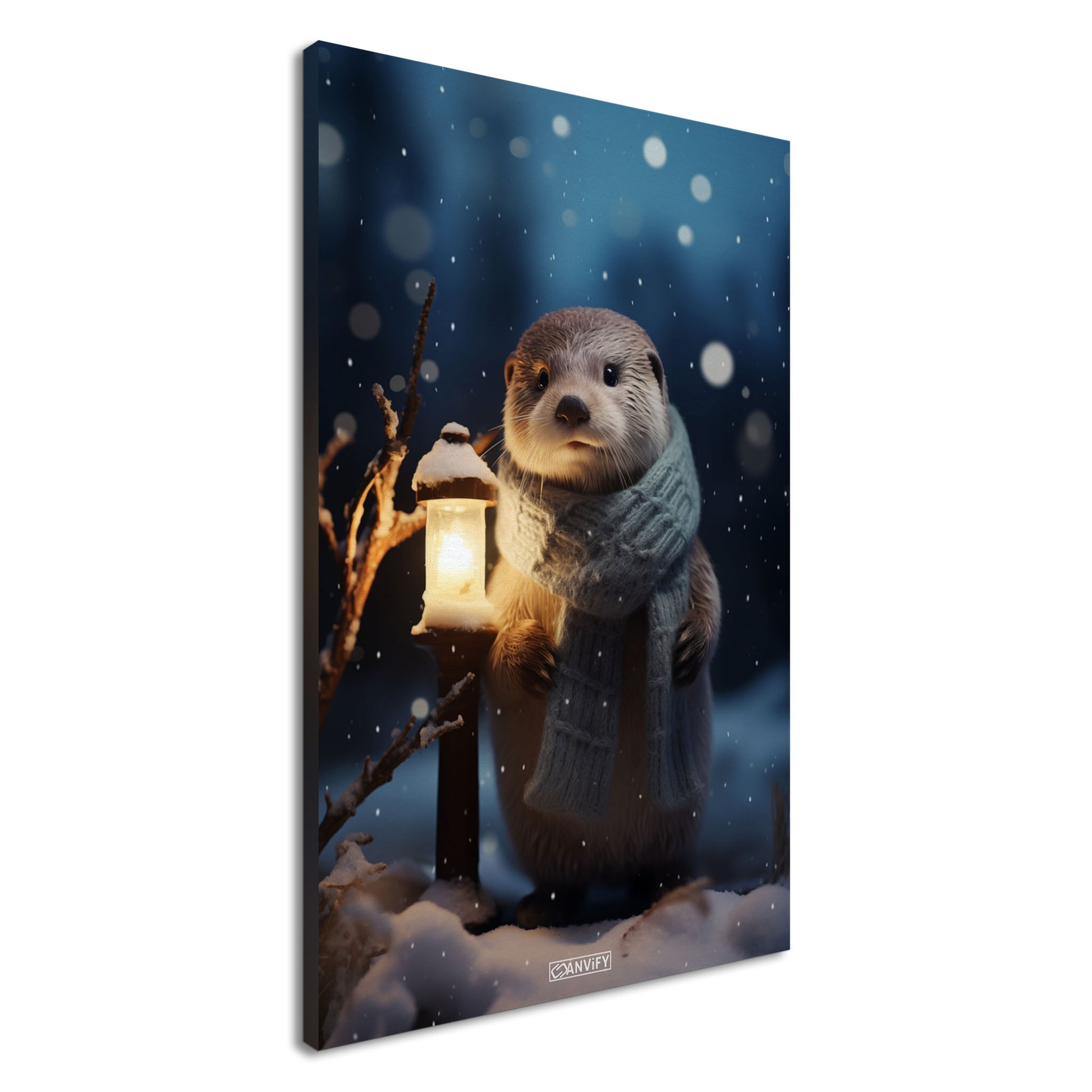 Otter mit Schal und einer Laterne in einer Winternacht im Schnee auf einer Leinwand