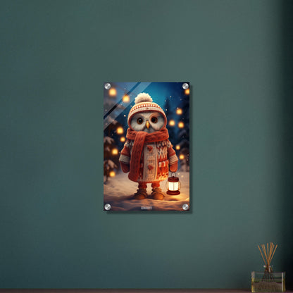 Eule mit Mütze, Schal, Wolljacke und Laterne in einer Winternacht im Schnee auf einem Acrylbild