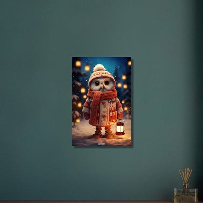 Eule mit Mütze, Schal, Wolljacke und Laterne in einer Winternacht im Schnee auf Aluminium