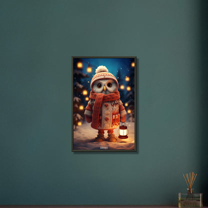 Eule mit Mütze, Schal, Wolljacke und Laterne in einer Winternacht im Schnee auf einem Poster im Metallrahmen