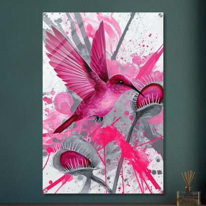 Pinker Kolibri über Karnivoren auf einem Acrylbild