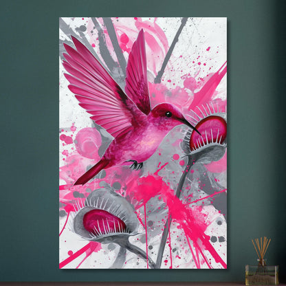Pinker Kolibri über Karnivoren auf Aluminium