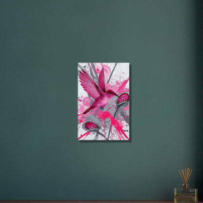 Pinker Kolibri über Karnivoren auf einer Leinwand