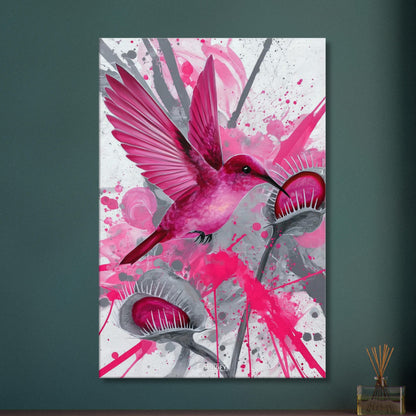 Pinker Kolibri über Karnivoren auf einer Leinwand
