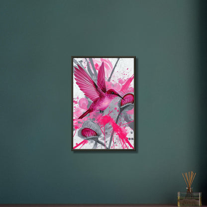 Pinker Kolibri über Karnivoren auf einem Poster im Metallrahmen