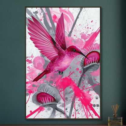 Pinker Kolibri über Karnivoren auf einem Poster im Metallrahmen