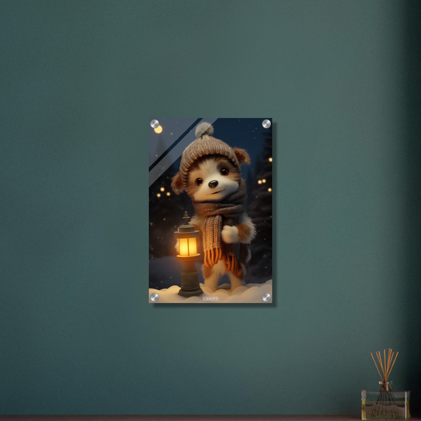 Welpe mit Mütze und Schal in einer Winternacht und im Schnee mit einer Laterne auf einem Acrylbild