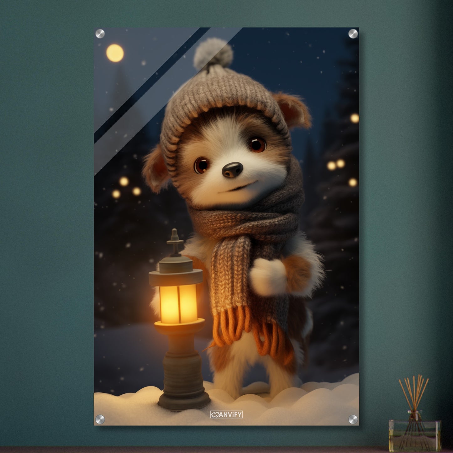 Welpe mit Mütze und Schal in einer Winternacht und im Schnee mit einer Laterne auf einem Acrylbild