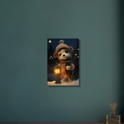 Welpe mit Mütze und Schal in einer Winternacht und im Schnee mit einer Laterne auf einer Leinwand