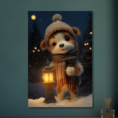 Welpe mit Mütze und Schal in einer Winternacht und im Schnee mit einer Laterne auf einer Leinwand