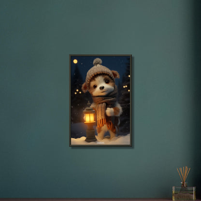 Welpe mit Mütze und Schal in einer Winternacht und im Schnee mit einer Laterne auf einem Poster im Metallrahmen
