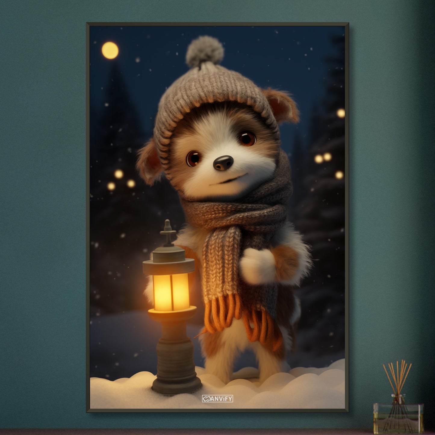 Welpe mit Mütze und Schal in einer Winternacht und im Schnee mit einer Laterne auf einem Poster im Metallrahmen