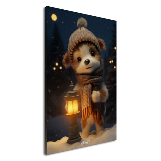 Welpe mit Mütze und Schal in einer Winternacht und im Schnee mit einer Laterne auf einer Leinwand