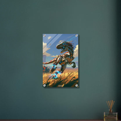 Laufender Raptor als Roboter gemalt auf einem Acrylbild