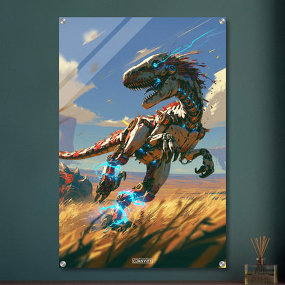 Laufender Raptor als Roboter gemalt auf einem Acrylbild