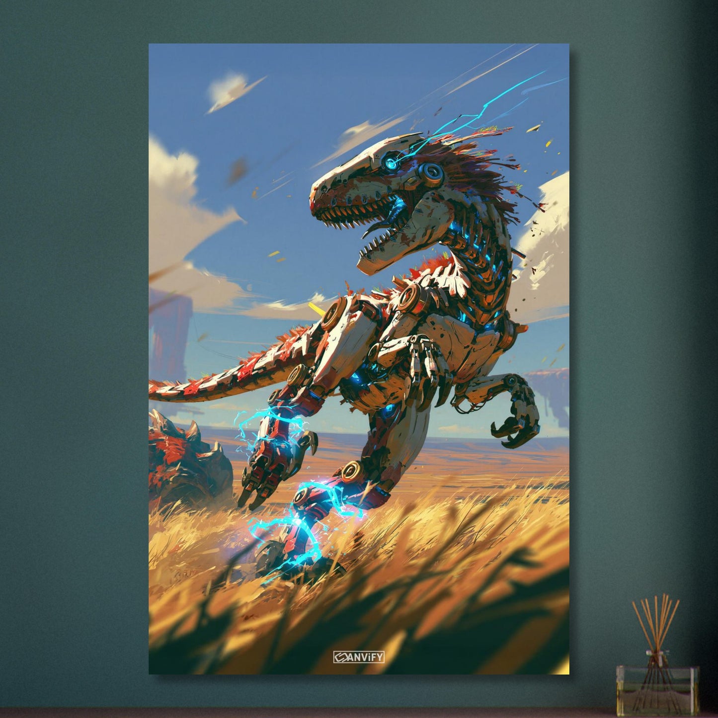 Laufender Raptor als Roboter gemalt auf Aluminium
