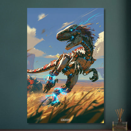 Laufender Raptor als Roboter gemalt auf Aluminium