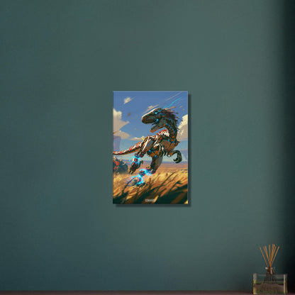 Laufender Raptor als Roboter gemalt auf einer Leinwand