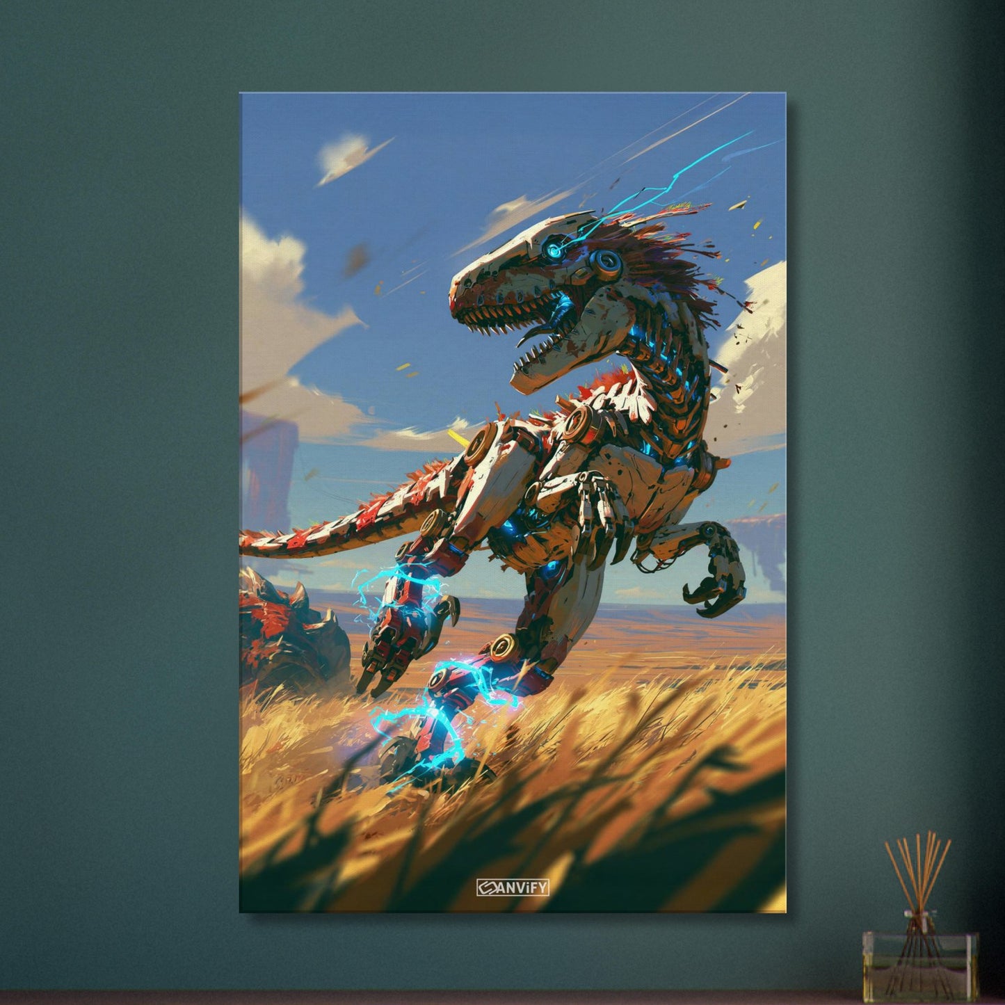 Laufender Raptor als Roboter gemalt auf einer Leinwand