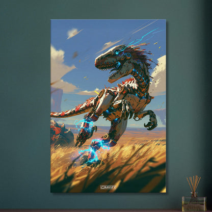 Laufender Raptor als Roboter gemalt auf einer Leinwand