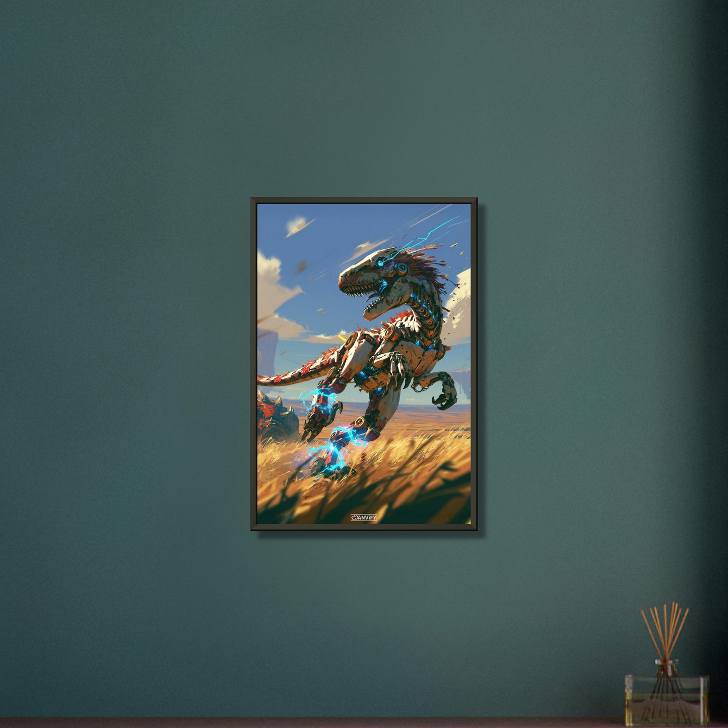 Laufender Raptor als Roboter gemalt auf einem Poster im Metallrahmen