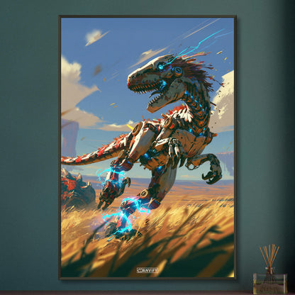 Laufender Raptor als Roboter gemalt auf einem Poster im Metallrahmen