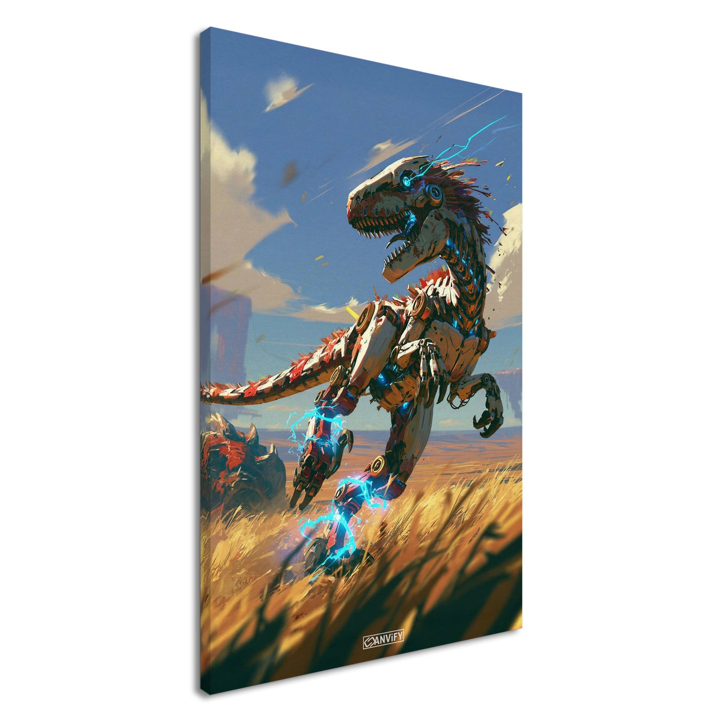 Laufender Raptor als Roboter gemalt auf einer Leinwand