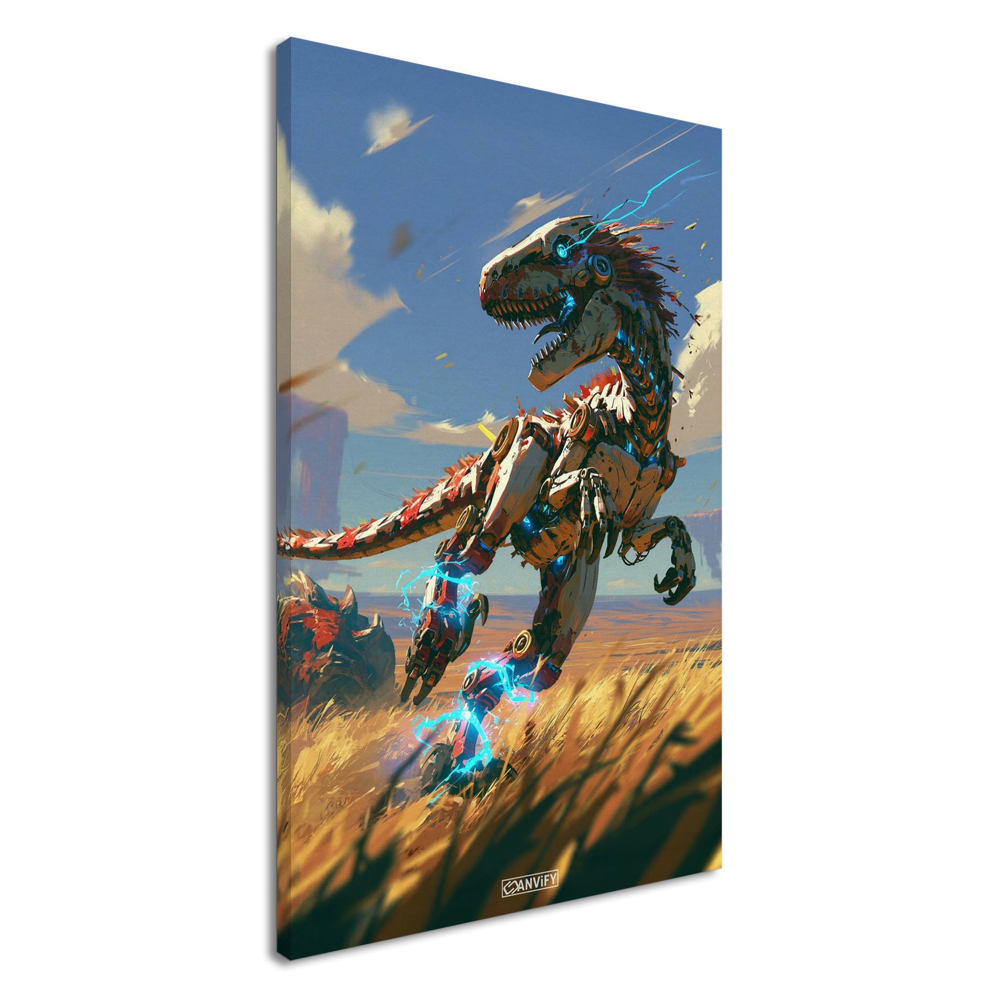 Laufender Raptor als Roboter gemalt auf einer Leinwand