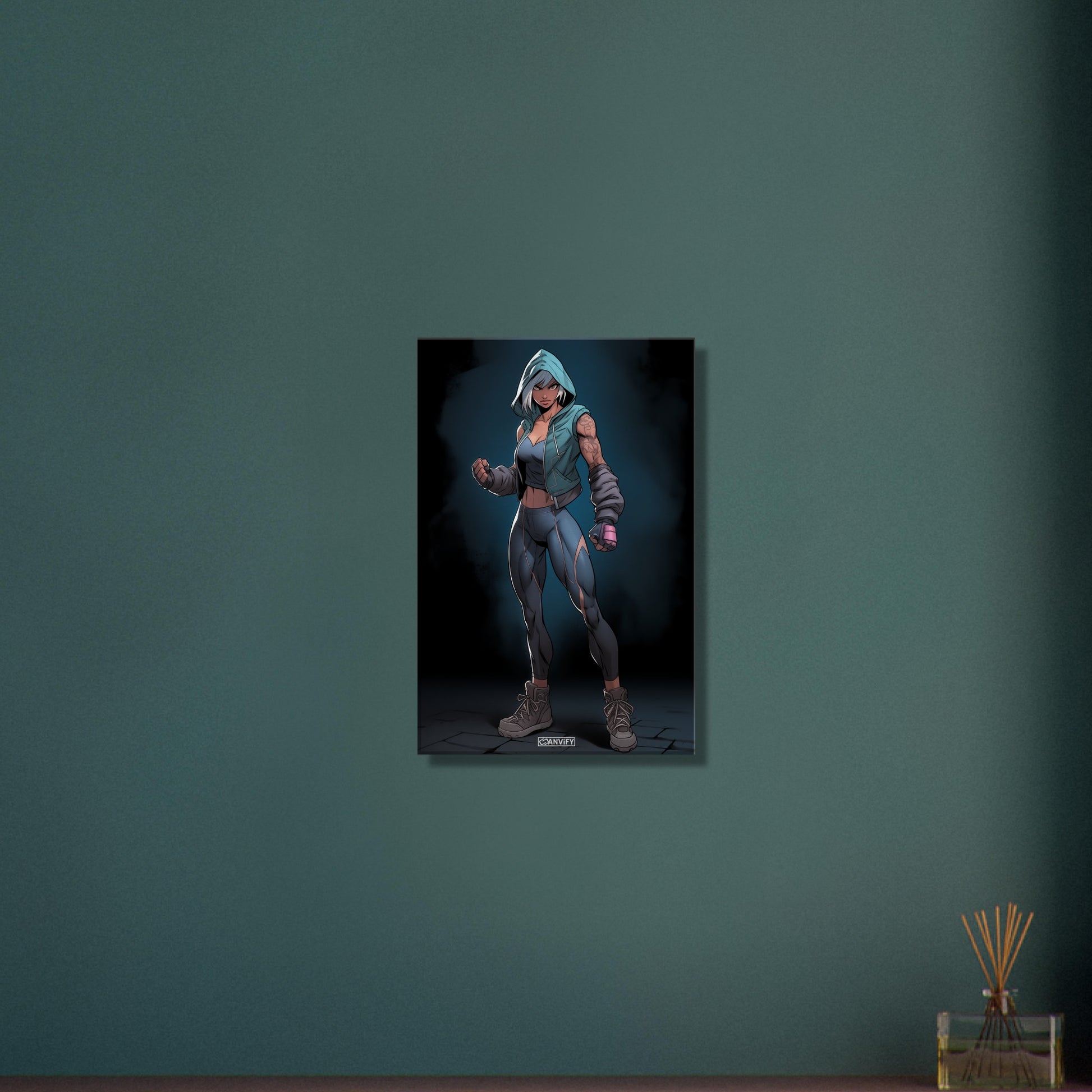 Weibliche Kämpferin als Actionfigur auf einer Leinwand