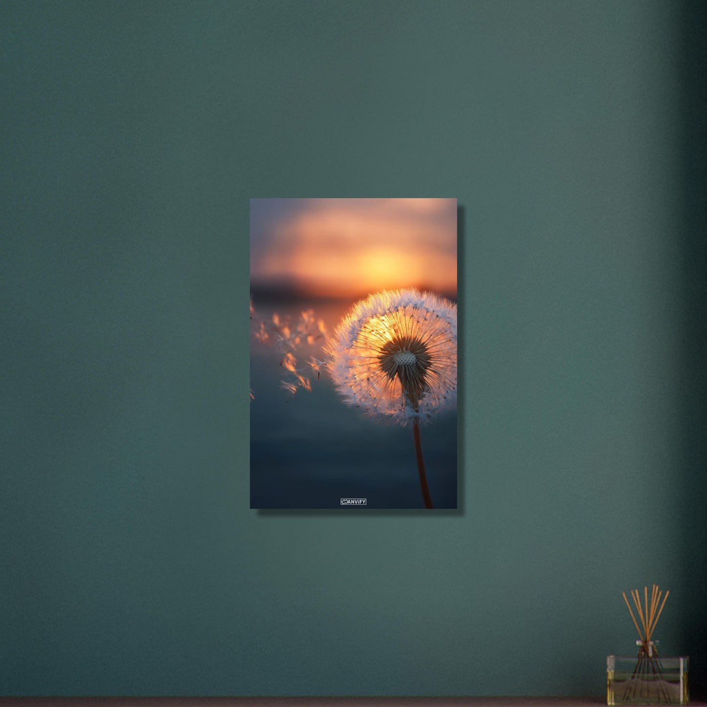 Pusteblume bei goldenem Sonnenuntergang auf Aluminium