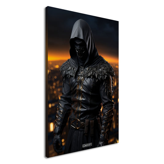 Vermummter Assassine aus Assassin's Creed über einer Stadt auf einer Leinwand