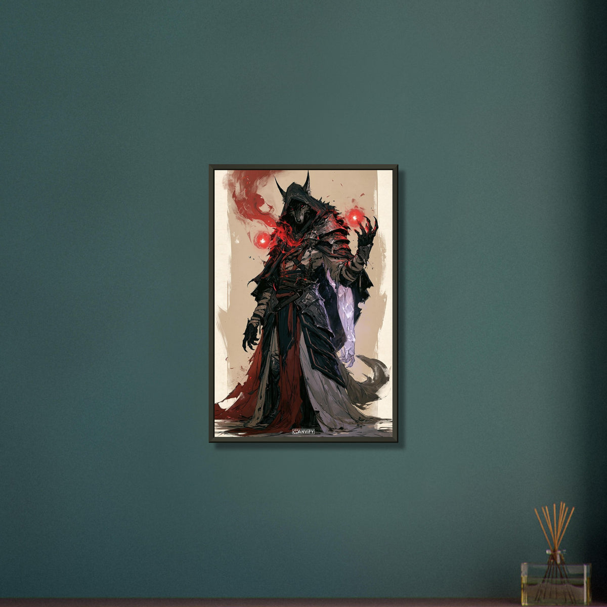Dunkler Wolfszauberer im Anime Stil auf einem Poster im Metallrahmen