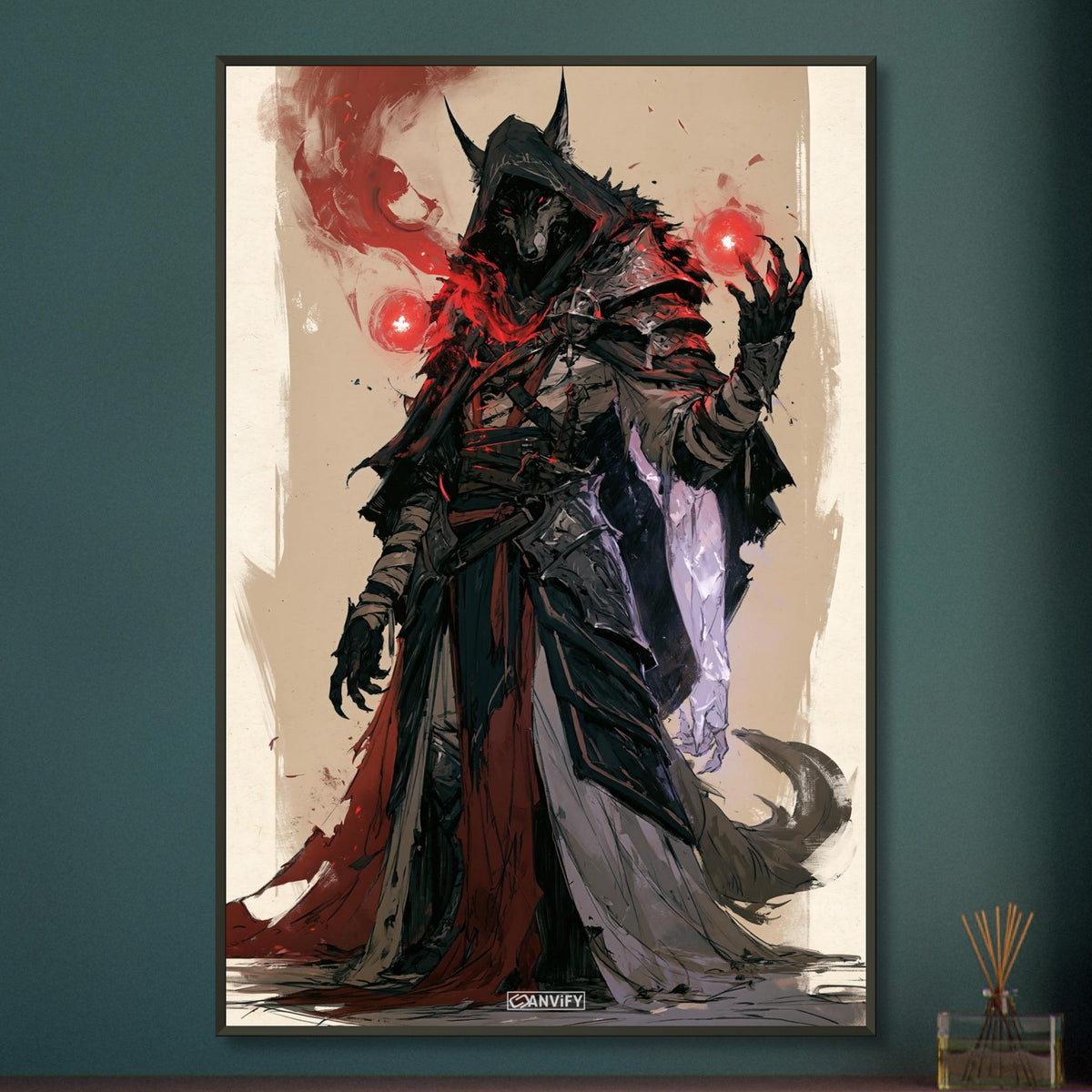 Dunkler Wolfszauberer im Anime Stil auf einem Poster im Metallrahmen