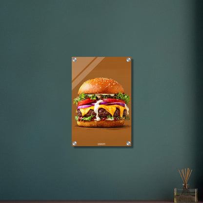 Saftiger Cheeseburger mit Mayonnaise und Rindsfleisch auf einem Acrylbild