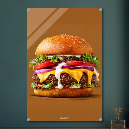 Saftiger Cheeseburger mit Mayonnaise und Rindsfleisch auf einem Acrylbild