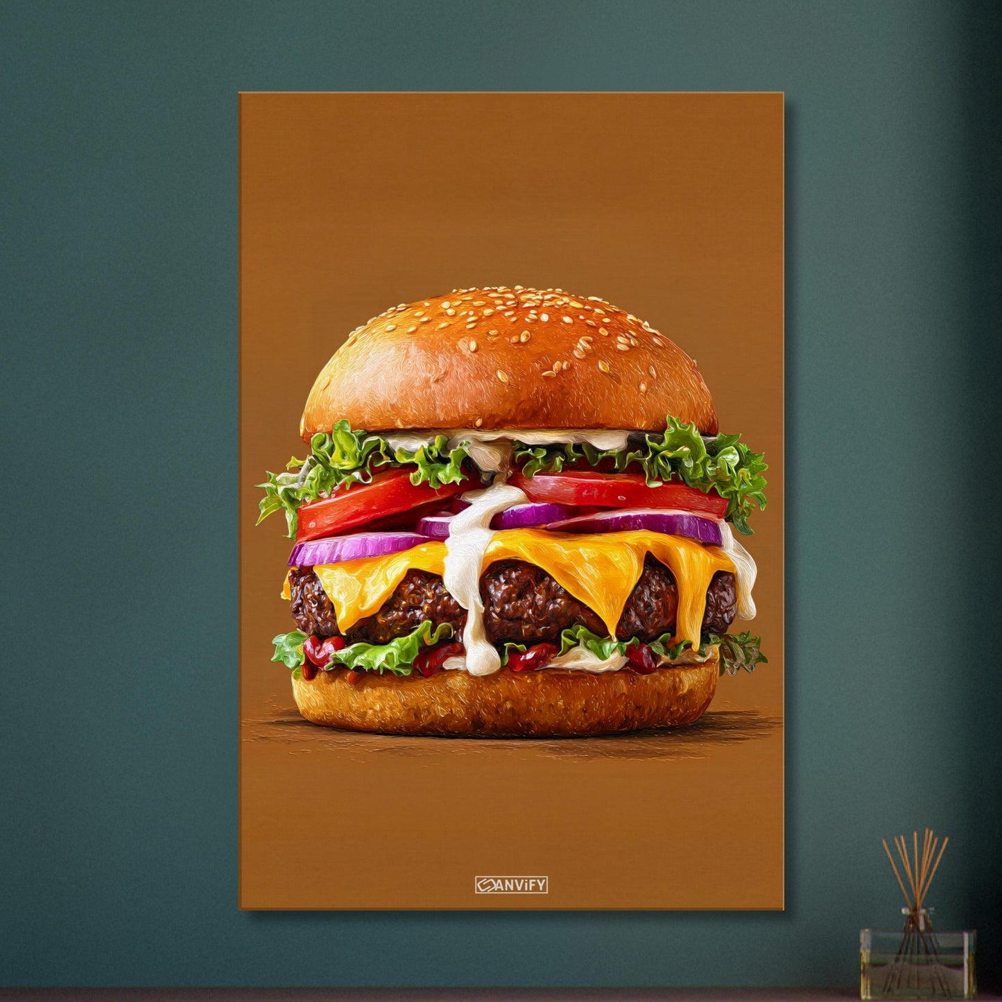 Saftiger Cheeseburger mit Mayonnaise und Rindsfleisch auf einer Leinwand