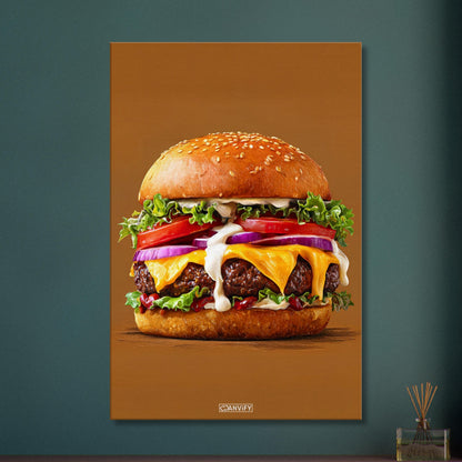 Saftiger Cheeseburger mit Mayonnaise und Rindsfleisch auf einer Leinwand