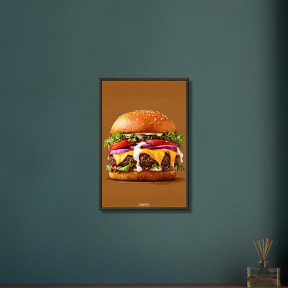 Saftiger Cheeseburger mit Mayonnaise und Rindsfleisch auf einem Poster im Metallrahmen