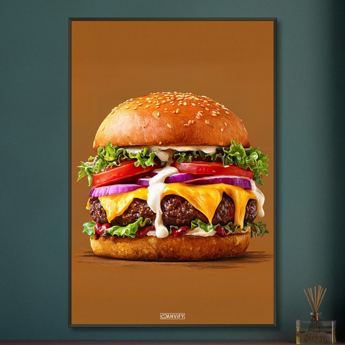 Saftiger Cheeseburger mit Mayonnaise und Rindsfleisch auf einem Poster im Metallrahmen