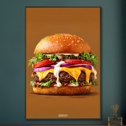 Saftiger Cheeseburger mit Mayonnaise und Rindsfleisch auf einem Poster im Metallrahmen
