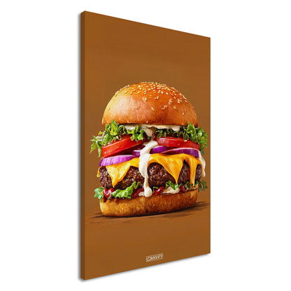 Saftiger Cheeseburger mit Mayonnaise und Rindsfleisch auf einer Leinwand