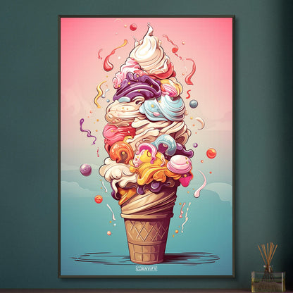 Bunte Eiscreme im Comic Stil auf einem Poster im Metallrahmen