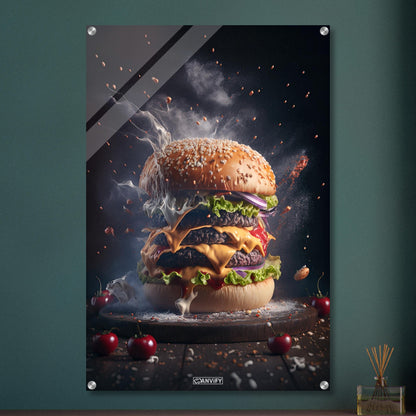 Saftig köstlicher Rindfleischburger mit Käse und Salat auf einem Acrylbild